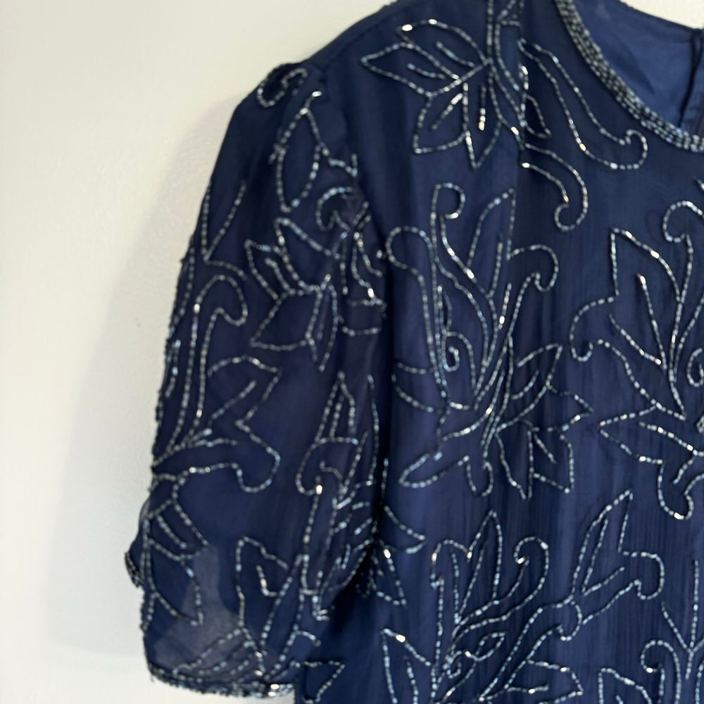 Vintage 100% Silk Sequin Navy Cocktail Party Evening Mini Dress Size Medium 90's - Picture 4 of 8
